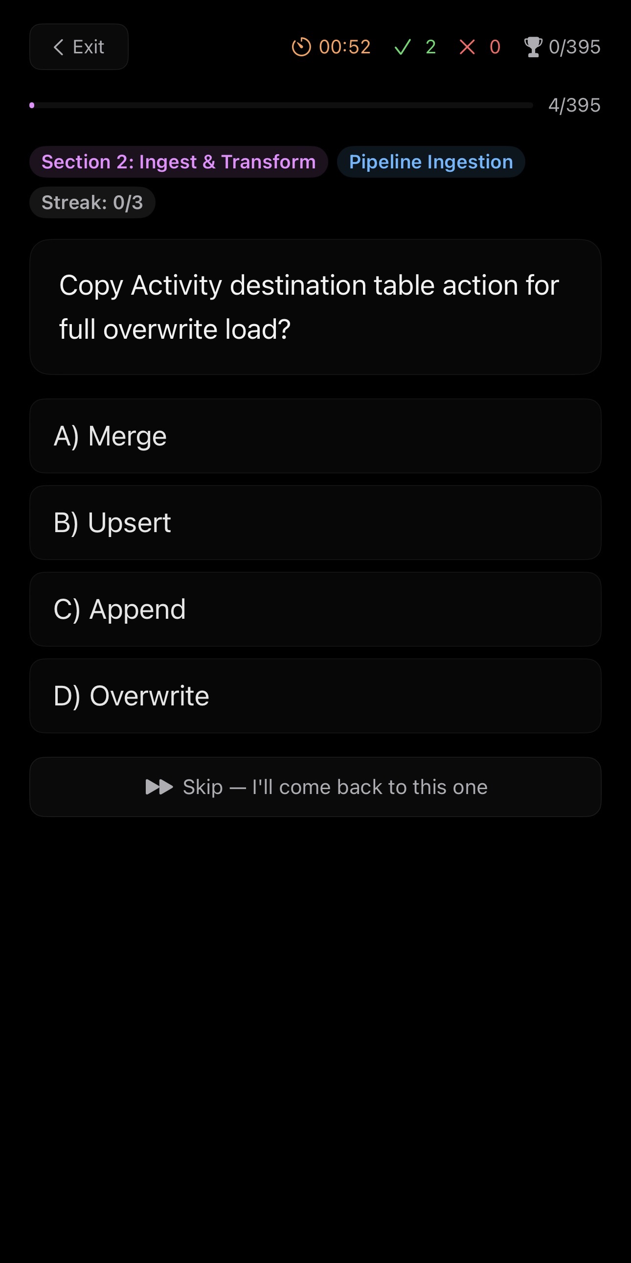 Quiz question with multiple choice answers and skip option