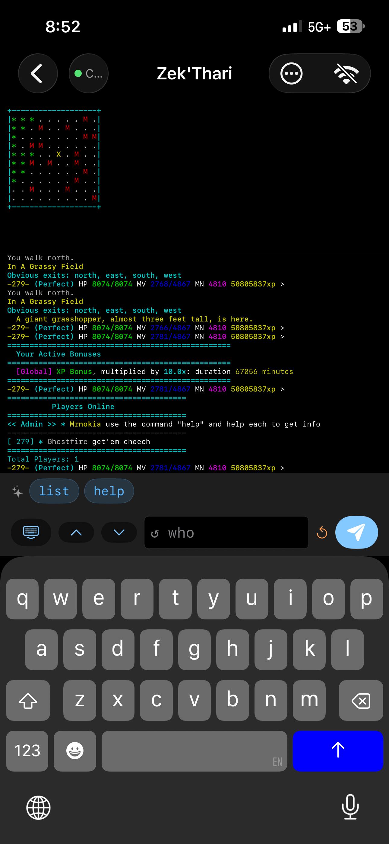 Game session with map, ANSI colors, and quick commands