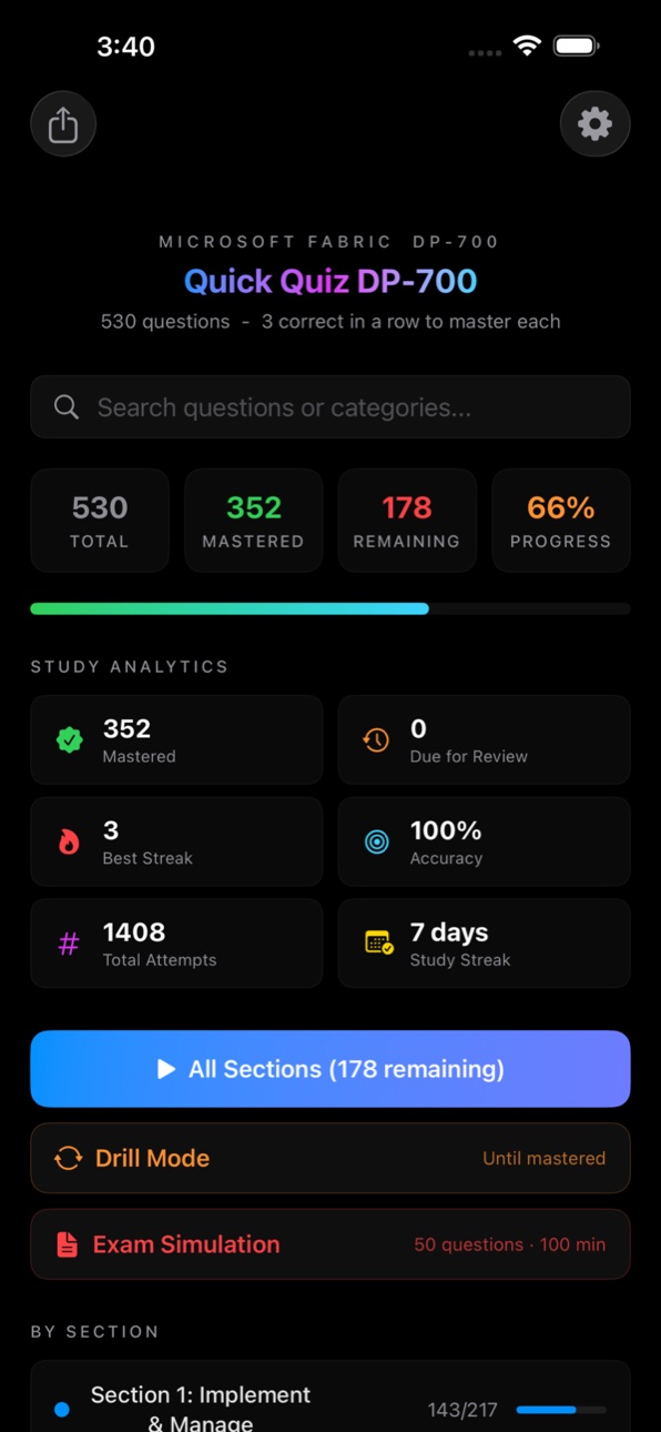 Home dashboard with progress and study options